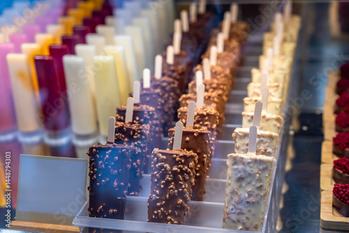 Obraz na płótnie Ice cream popsicles displayed in ice cream shop window w salonie
