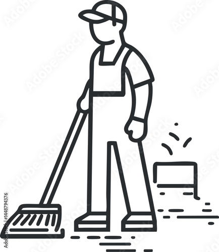 Line art icon of a janitor sweeping the floor with a broom wearing uniform and cap