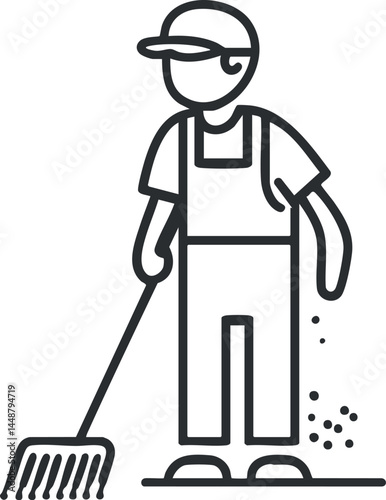 Line art illustration of a gardener raking soil wearing overalls and a cap working outdoors