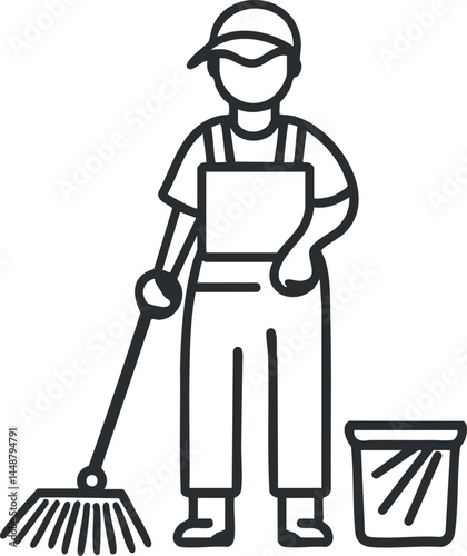 Line drawing of a person in uniform mopping floor with bucket beside them representing cleaning work