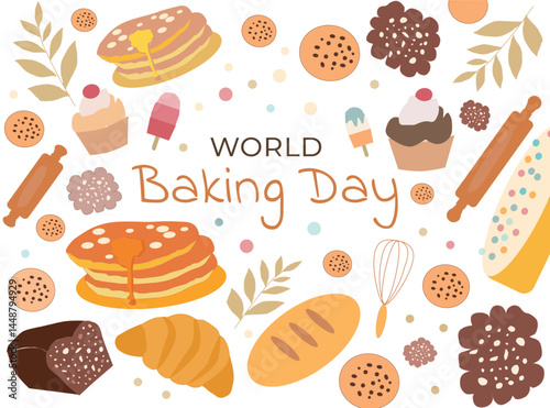 World Baking Day Banner  with  cartoon bakery elements cute vector illustration on white background