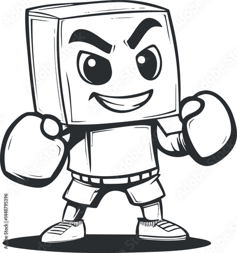 Black and white cartoon illustration of a confident boxer character wearing gloves and shorts in a fighting stance