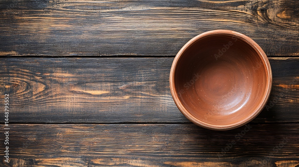 Rustic Empty Brown Ceramic Bowl on Dark Wood Table Texture Top View Rustic Empty Brown Ceramic Bowl on Dark Wood Table Texture Top View