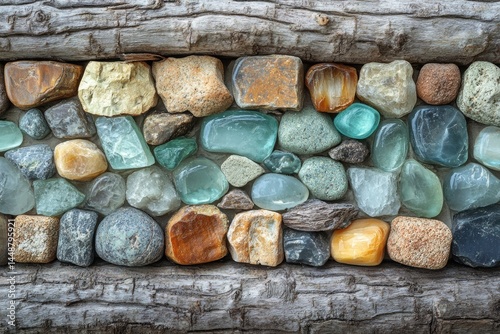 Colorful natural stones arrangement on wooden logs nature