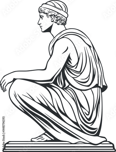 Black and white line art of an ancient classical statue of a male figure kneeling in profile