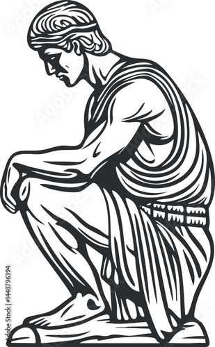 Black and white vector illustration of a muscular ancient Greek man statue in a thoughtful squatting pose