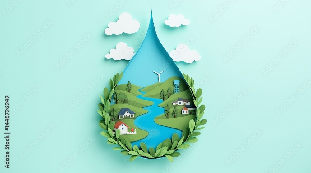 Obraz premium Vector image of a water drop with lush green hills, a river, wind turbines and cozy houses inside.