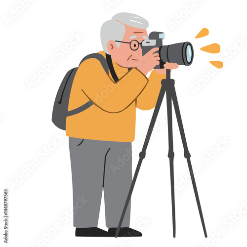 Elderly photographer taking picture - passionate senior photographer in multi-pocketed vest intently captures shot with vintage camera, radiating creative dedication.