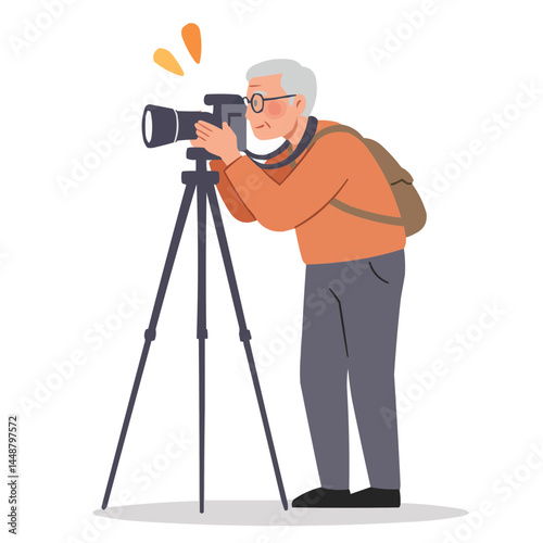 Elderly photographer taking picture - passionate senior photographer in multi-pocketed vest intently captures shot with vintage camera, radiating creative dedication.