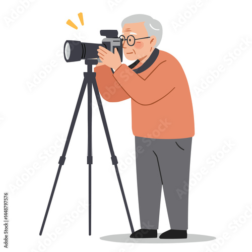 Elderly photographer taking picture - passionate senior photographer in multi-pocketed vest intently captures shot with vintage camera, radiating creative dedication.