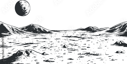 Black and white illustration of the moon's barren surface with craters and mountains under a clear sky.