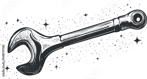 Black and white illustration of a wrench tool used for mechanical repairs and maintenance work