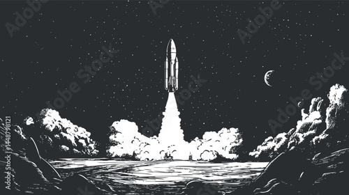 Black and white illustration of a rocket launching at night with stars and moon in the sky