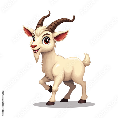 A healthy and cute goat, with long horns, adorable and angular facial features