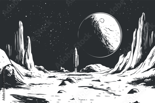 Black and white illustration of a rocket landing on a rocky moon surface with stars and a large planet in the background