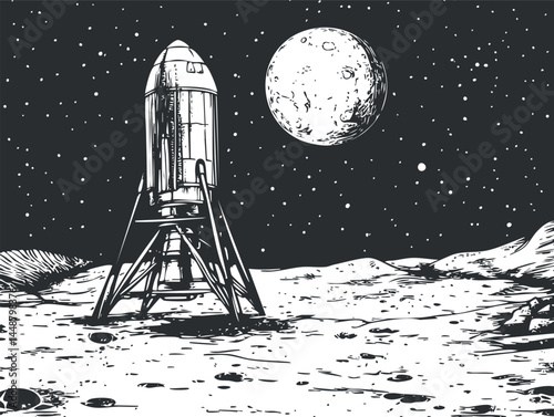 Black and white illustration of a rocket lander on the moon surface with stars and the Earth visible in the background