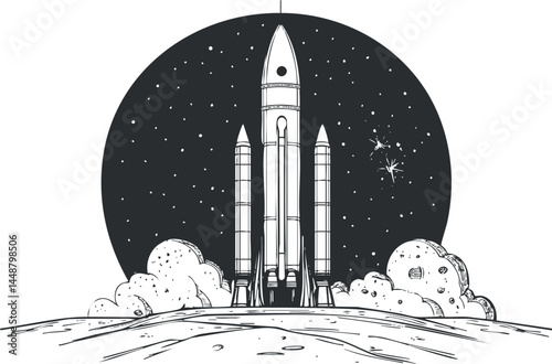 Black and white illustration of a rocket launching from the moon with stars and space background.