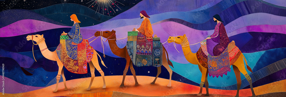 A vibrant, desert-night scene showing the three Magi following the Star of Bethlehem, their robes adorned with intricate patterns