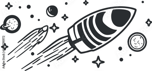 Black and white illustration of rockets flying through space among planets and stars