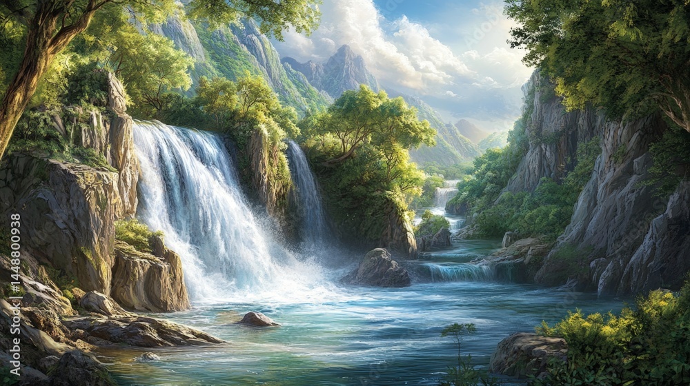 Fototapeta premium A painting of a waterfall with a mountain in the background. The painting is full of life and energy, with the water flowing down the rocks and the trees surrounding the waterfall