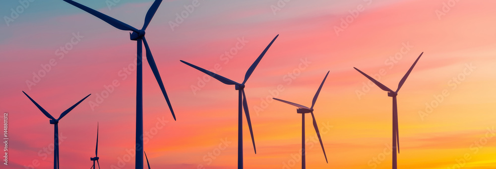 Wind farms glowing under a vibrant sunset, symbolizing maximum renewable energy output, power load