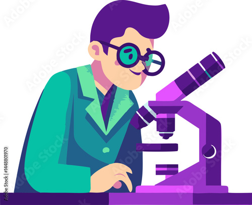 Smart Young Boy Scientist Using Microscope – Naive Flat Vector SVG for Science Posters, STEM Curriculum, and Educational Materials in Bright Green and Purple Colors