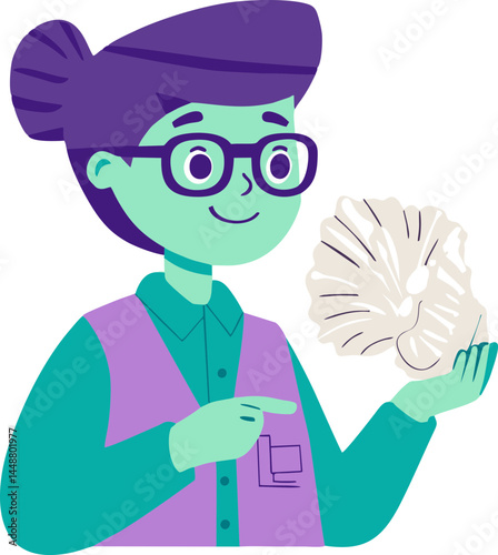 Young Green-Skinned Biologist Girl with Mushroom Sample – Cute Naive Flat Style SVG in Purple and Aqua Palette for Educational Posters, Science Projects, and Nature Blogs