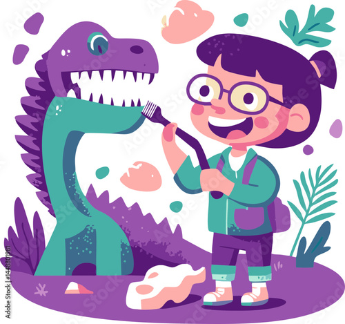 Happy Child Paleontologist Cleaning Dinosaur Skull – Purple and Green Naive Flat Style SVG for Museum Posters, Kids’ Science Books, and Educational Apps