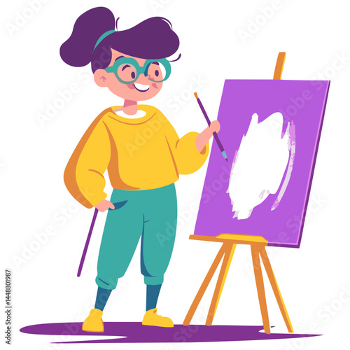 Smiling Hispanic Girl Artist Painting on Easel – Bright Naive Flat SVG Style in Yellow and Violet for Kids Art Education Materials, Creative Blogs, and Learning Platforms
