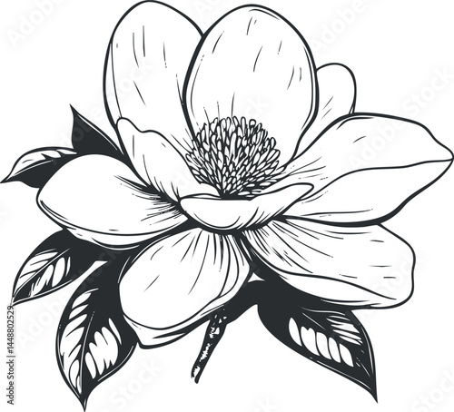 Black and white hand drawn illustration of a blooming flower with detailed petals and leaves isolated on white background
