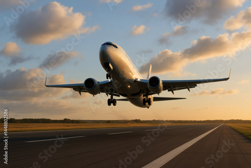 Soaring into the sunset: a commercial plane takes flight, wheels tucked in, climbing towards the sky filled with fluffy clouds.