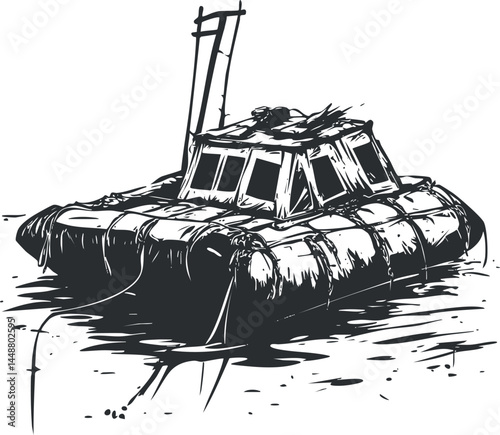 Black and white illustration of a hovercraft vehicle floating on water, showing its design and structure.