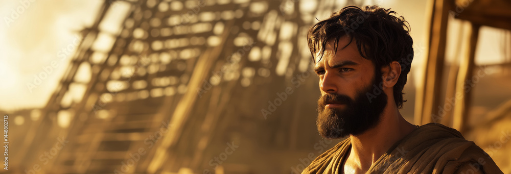 Japheth, in his mid-20s, standing confidently near the ark as it is being constructed.