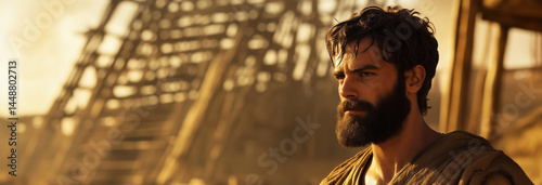  Japheth, in his mid-20s, standing confidently near the ark as it is being constructed.