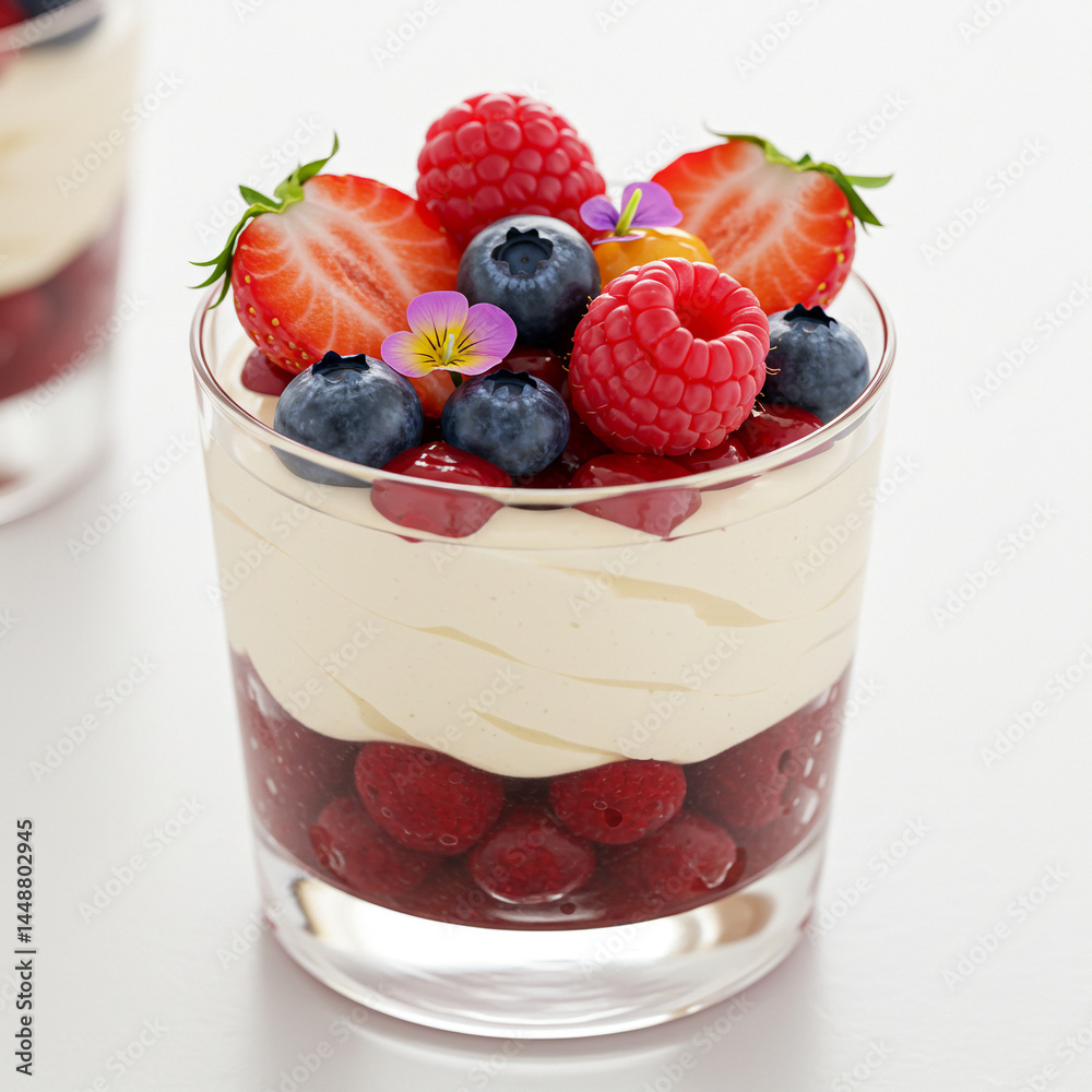 Sobremesa cremosa com frutas vermelhas frescas em copo de vidro Sobremesa cremosa com frutas vermelhas frescas em copo de vidro