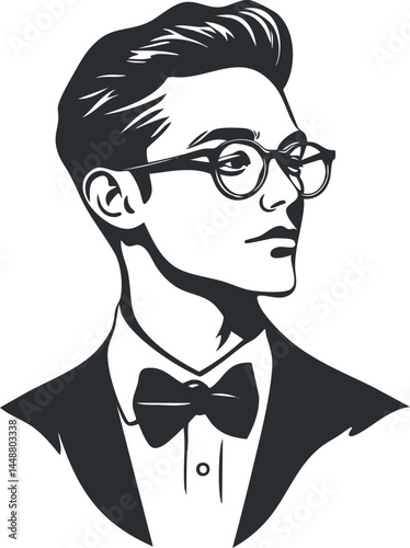 Black and white vector portrait of a young man wearing glasses and a bowtie in formal attire