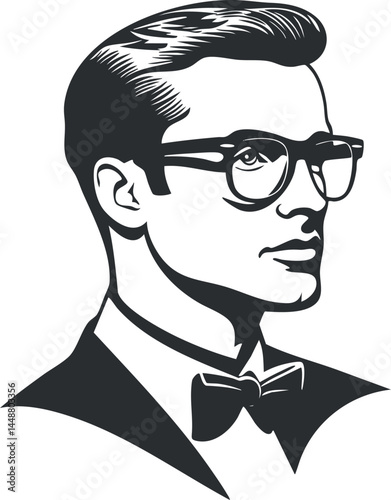 Black and white vector illustration of a stylish man in glasses and bow tie in profile view