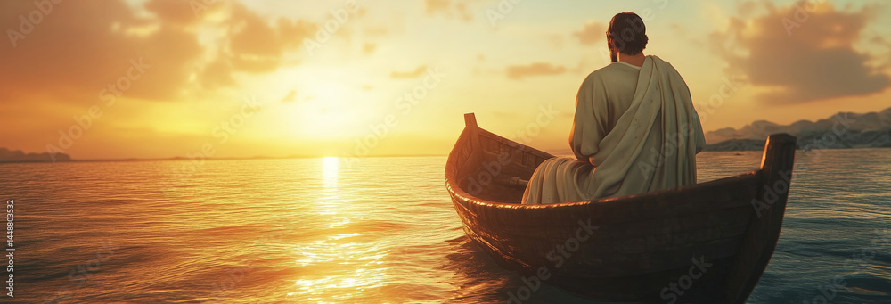 The Apostle Peter in a boat watching the sunset.