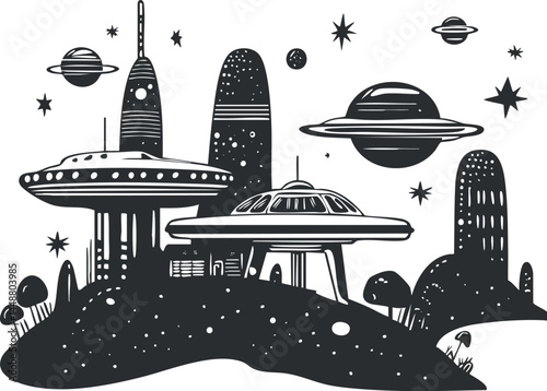 Black and white illustration of a futuristic alien space colony with spaceships and stars on a distant planet