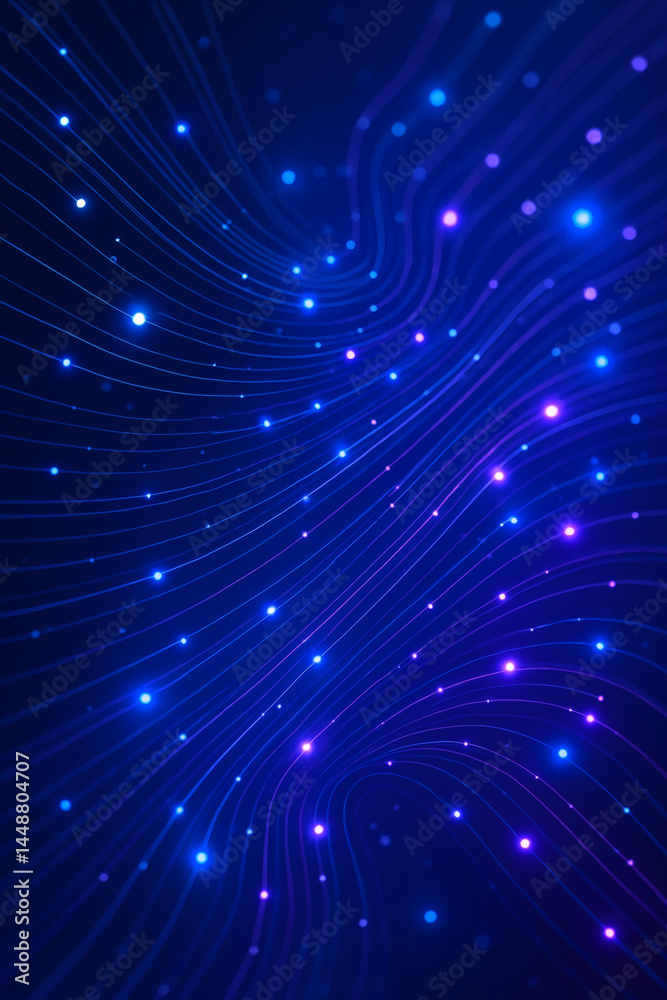 Obraz premium Abstract glowing light trails and dots against a blue and purple gradient background, evoking modern technology and data flow.