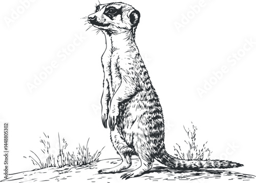 Black and white illustration of a meerkat standing upright on desert ground surrounded by sparse grass