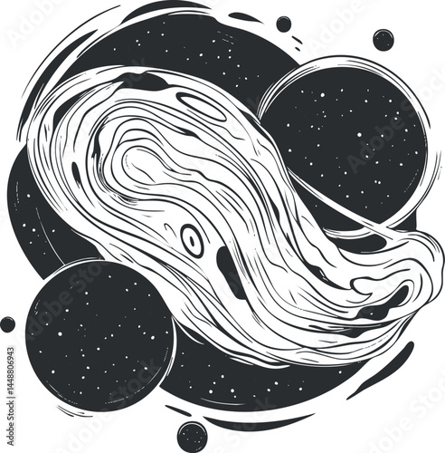 Abstract black and white illustration of space with swirling galaxy and orbiting planets