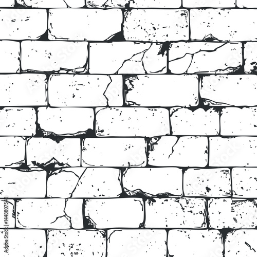 Black and white grunge brick wall texture with cracked and damaged surface pattern