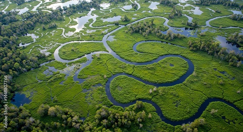 Serpentine River Meanders Through Lush Green Wetlands: An Aerial View