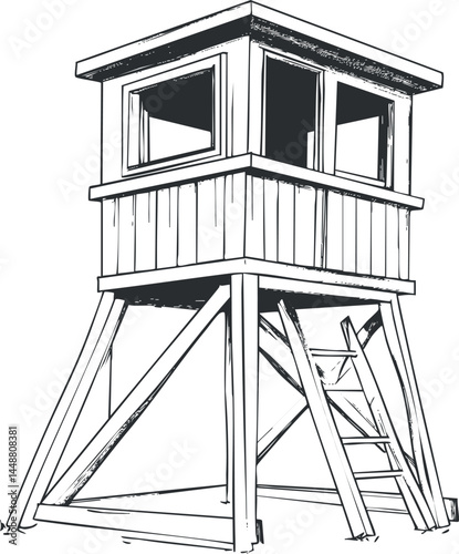 Black and white sketch of a wooden watchtower with ladder and large windows for observation