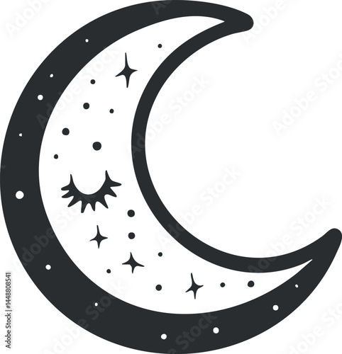 Black and white crescent moon with stars and sparkles representing night and dreams