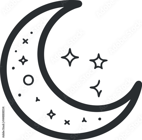 Simple black crescent moon icon with stars representing night sky and celestial space