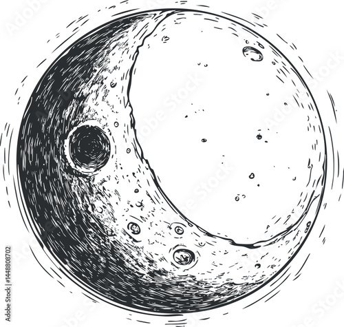 Black and white hand-drawn illustration of a crescent moon with detailed craters and surface texture