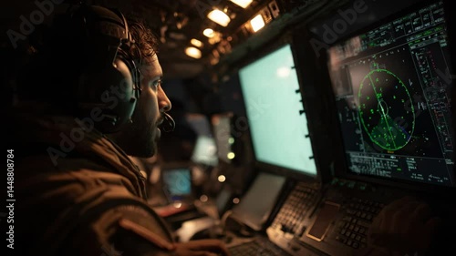Focused operator monitoring radar screens inside a dimly lit control room, wearing headset, analyzing data, concentrated, dark background with glowing displays.