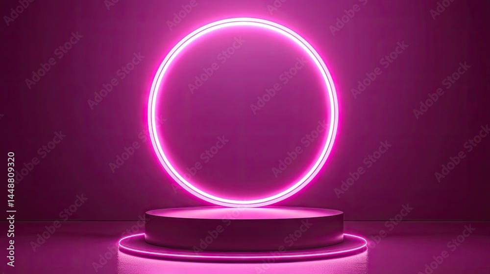Pink neon circle on a dark pedestal display.